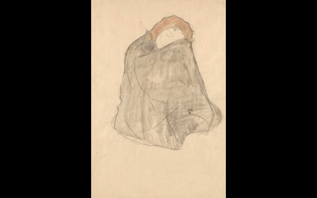Zusammengekauert sitzende Frau, in dunklen Umhang gehüllt (1908-1909)