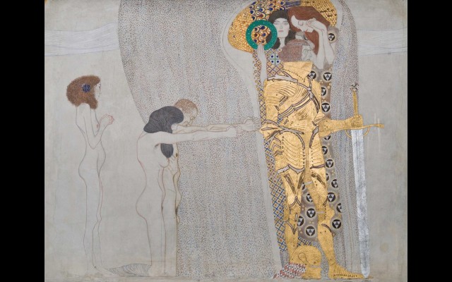 Beethovenfries; ‘Die Leiden der schwachen Menschheit’ und ‘Der wohlgerüstete Starke’ (Tafel 3, linke Langwand) (1901)