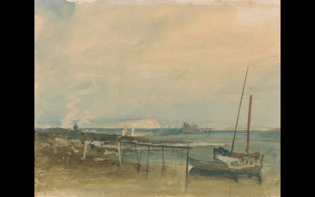 Coast Scene with White Cliffs and Boats on Shore