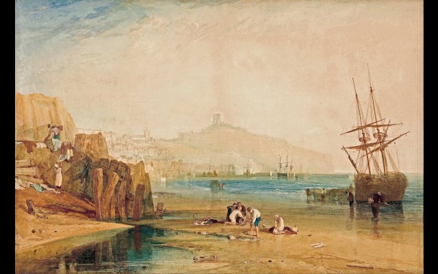Scarborough town and castle; morning; boys catching crabs (circa 1810)