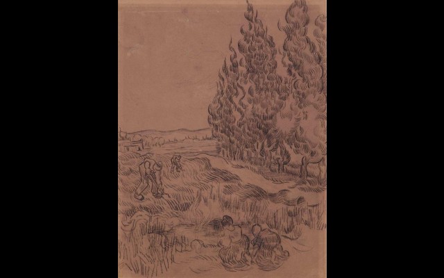 Cypresses with four people working in the field (1889)