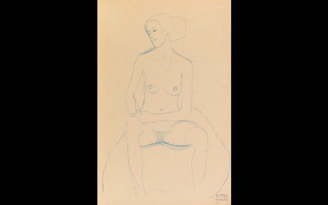 Seated nude girl, from the front, with tackled legs (c. 1907)