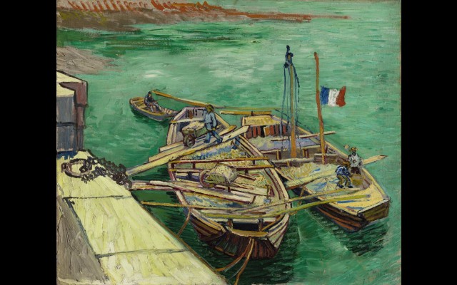 Quay with men unloading sand barges (1888)