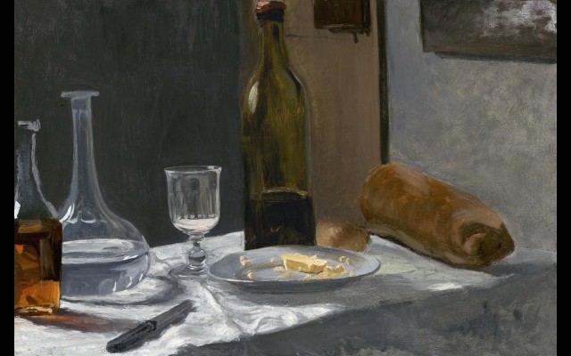 Still Life with Bottle,Carafe Bread and Wine (c. 1862-1863)
